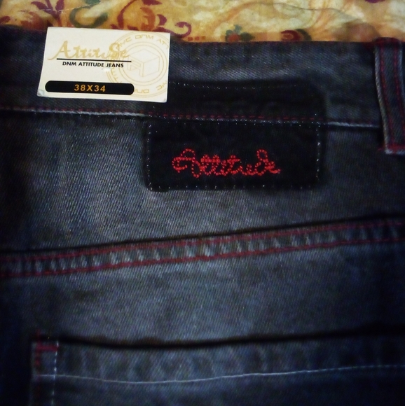 ATTITUDE Premium Embroidered Designer Demin Jeans Pants Men's 38/34 Black - Picture 6 of 12